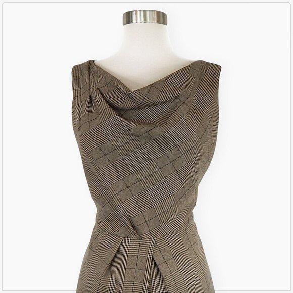Chetta B Tan Black Plaid Draped Cowl Neckline Sleeveless Sheath Dress Size 6 - Picture 2 of 4
